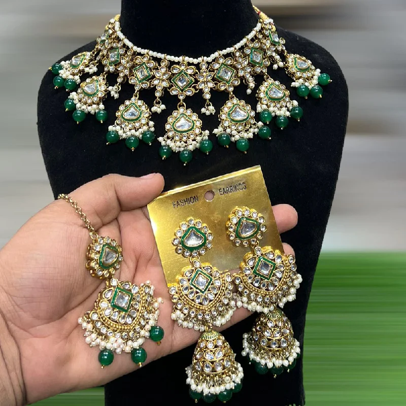 Birthstone Pendant Necklace-Hira Collections Gold Plated Kundan Stone And Beads Choker Necklace Set