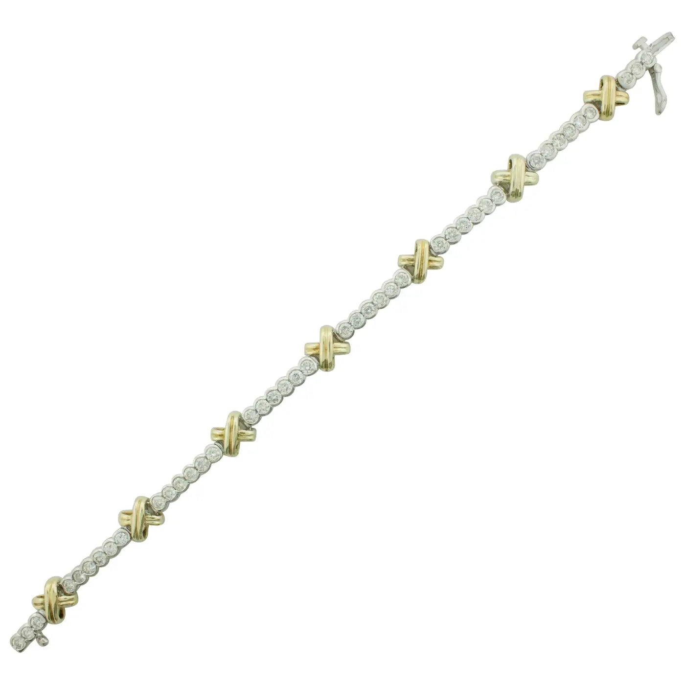 Modern Silver Bracelets-Yellow and White Gold Diamond "X" Tennis Bracelet