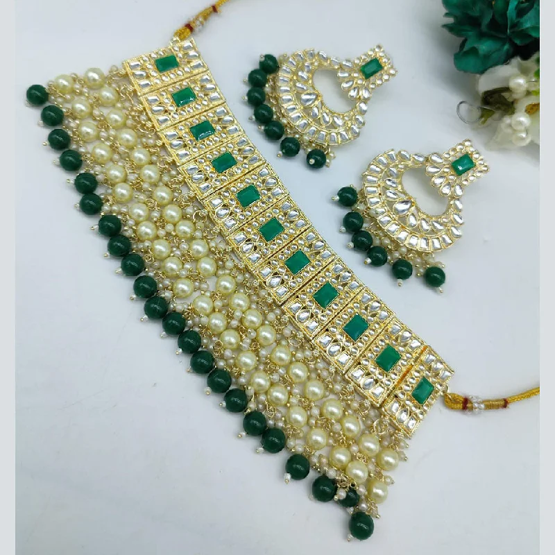 Crystal Bar Necklace-SNERA Gold Plated Kundan Stone And Pearls Choker Necklace Set