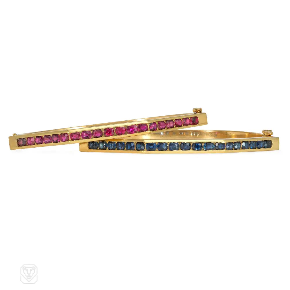 Gold Bangles with Crystals-Cartier 1970s gold bangles in rubies and sapphires