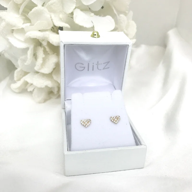 Heart Shaped Earrings-14k Yellow Gold Cluster CZ Heart Screw back Earrings