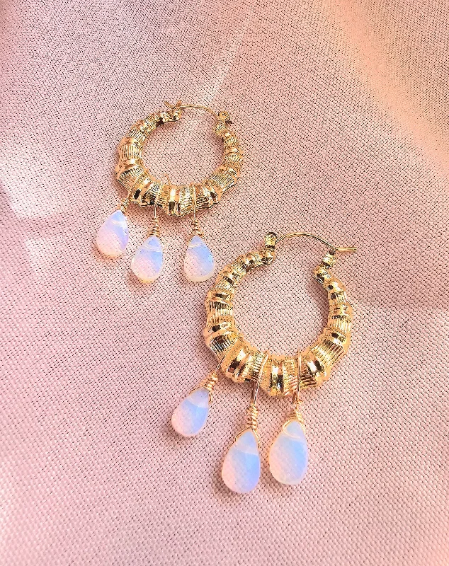 Petite Gold Earrings-Opalite Bamboo Hoop Earrings