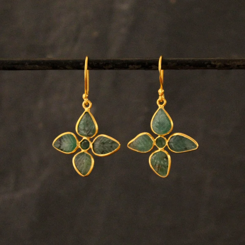 Ethnic Earrings-Carved Emerald Gold Leaf Earrings