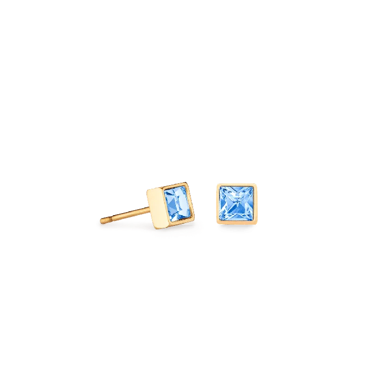 Classic Diamond Earrings-Coeur De Lion Brilliant Square Gold and Light Blue Crystal Stud Earrings