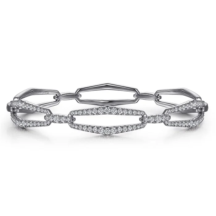 Modern Chunky Bangles-14K White Gold Diamond Link Bangle Bracelet