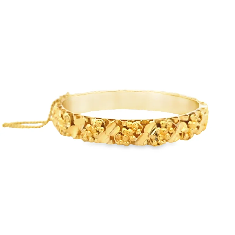 Luxurious Gold Bangles-Heavy Textured Floral Leaves Bangle Bracelet in 23k Gold