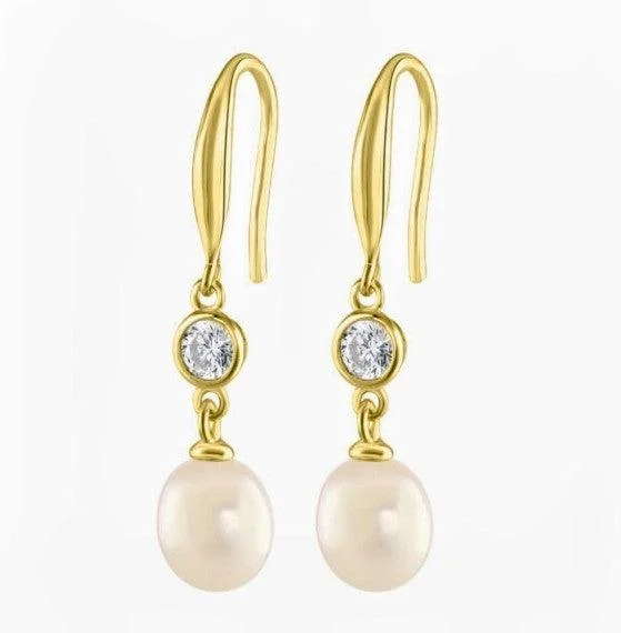 Fashionable Hoop Earrings-Gold Pearl and Cubic Zirconia Drop Earrings