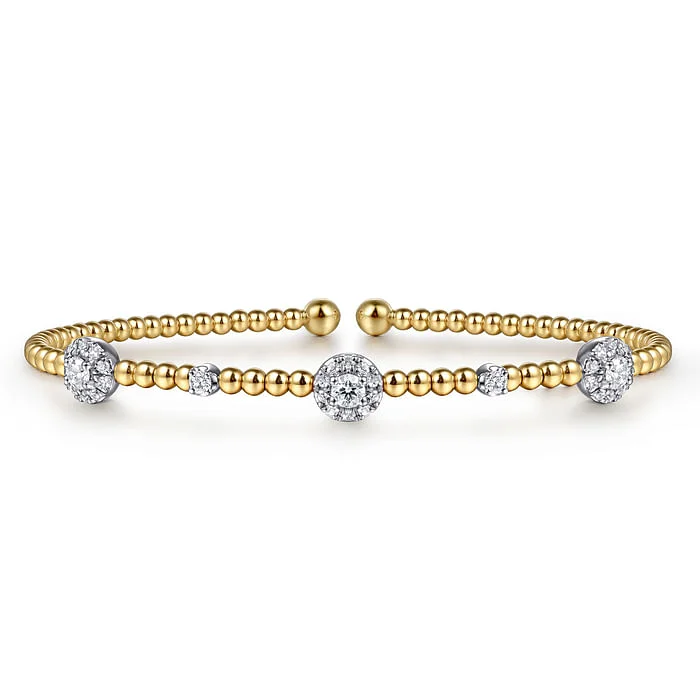 Handcrafted Gold Bangles-14K White-Yellow Gold Bujukan Diamond Cluster Stations Bangle