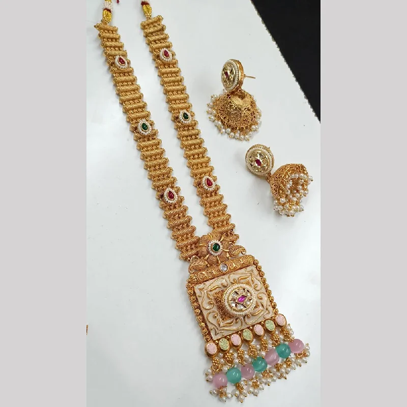 Modern Pendant Necklace-FS Collection Gold Plated Kundan Stone And Meenakari Long Necklace Set