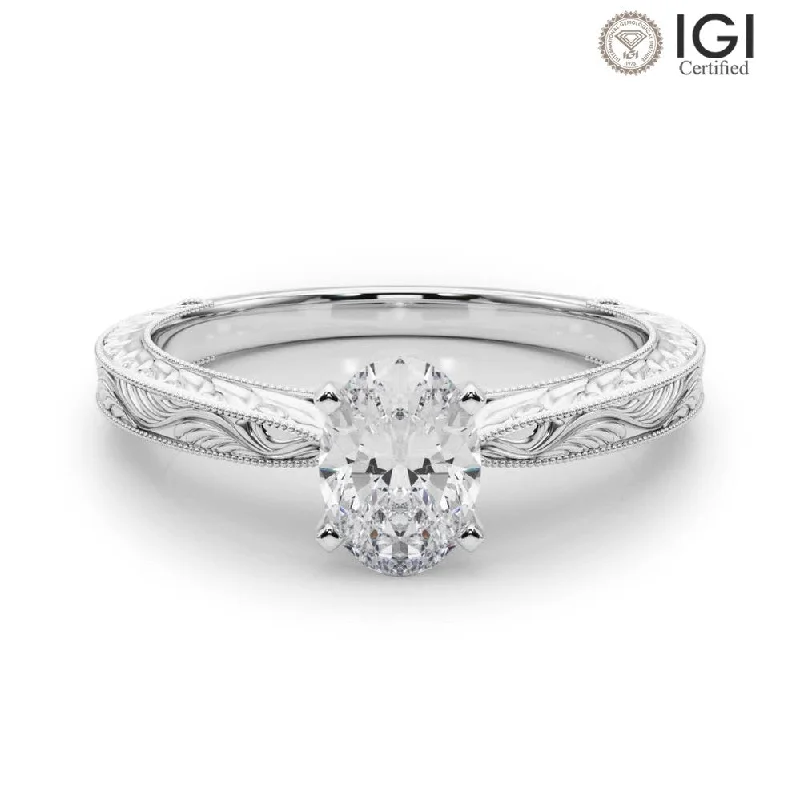 Boho Wedding Ring-Victoria Oval Lab Grown Diamond Solitaire Engagement Ring IGI Certified