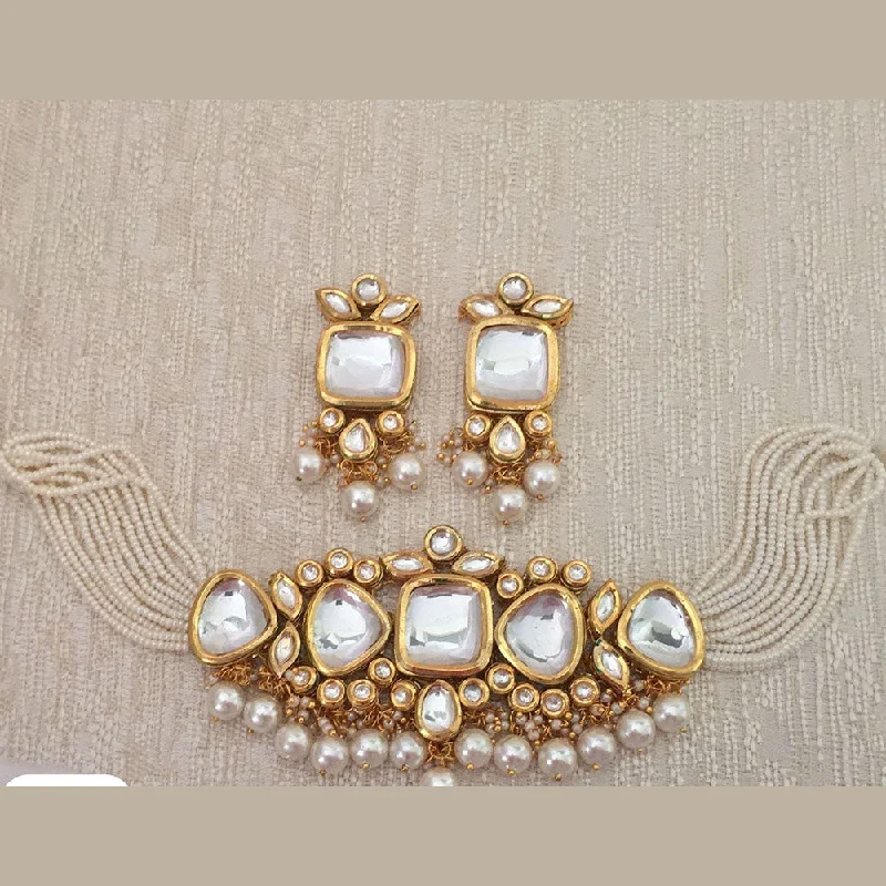 Gold Pendant Necklace for Women-FS Collection Gold Plated Kundan Stone And Pearls Choker Necklace Set