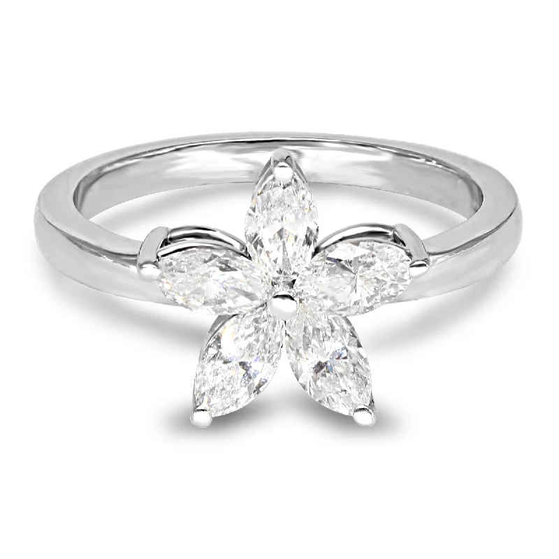 Silver Heart Ring-0.75 ct. Marquise Diamond Flower Ring