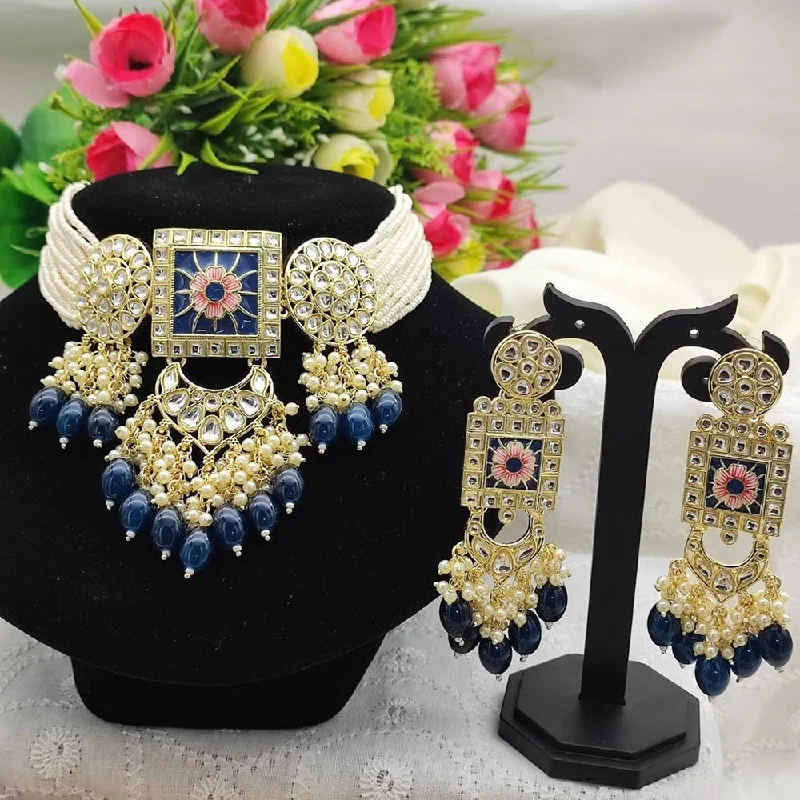 Gold Link Necklace-Akruti Collection Gold Plated  Kundan Stone And Beads Choker Necklace Set