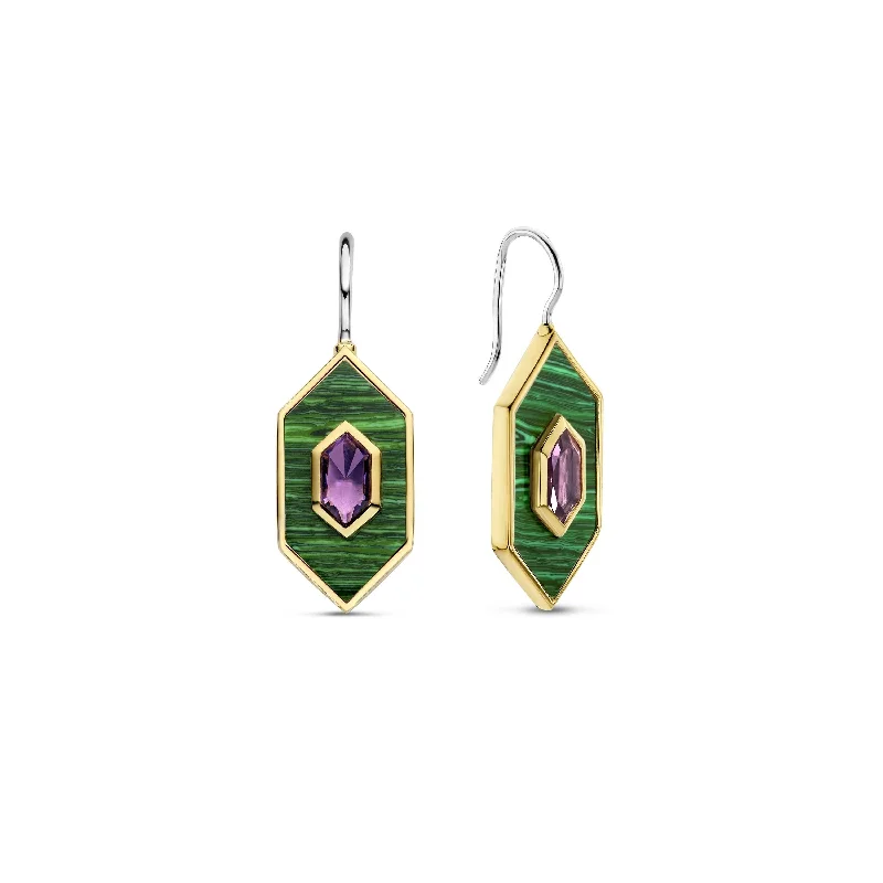 Dainty Silver Earrings-Ti Sento Gold Vermeil Malachite Green & Amethyst Purple Earrings