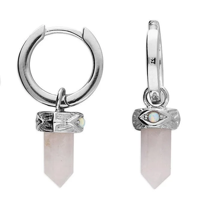 Bold Gemstone Earrings-Silver Huggie with Rose Quartz Charm