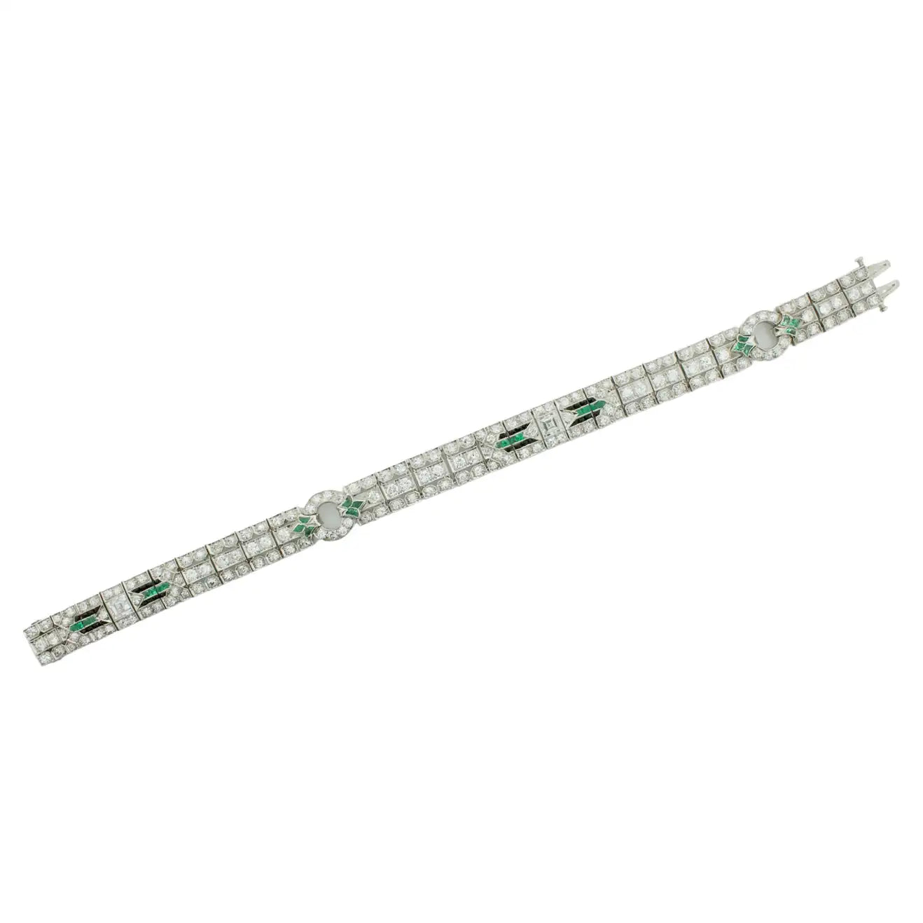 Fashionable Cuff Bracelets-Extreme Art Deco Diamond, Emerald and Onyx Platinum Bracelet