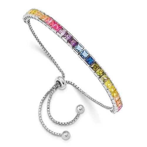 Adjustable Bead Bracelets-Sterling Silver CZ 4mm Channel-Set Colorful Rainbow Adjustable Bracelet