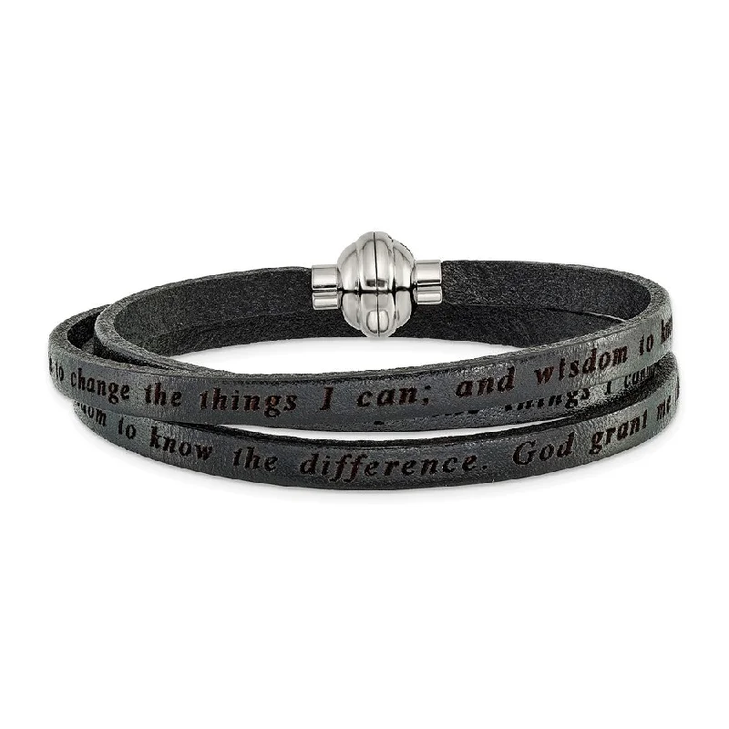 Boho Chic Bracelets-Stainless Steel Serenity Prayer Black Leather Wrap 23.5 Inch Bracelet