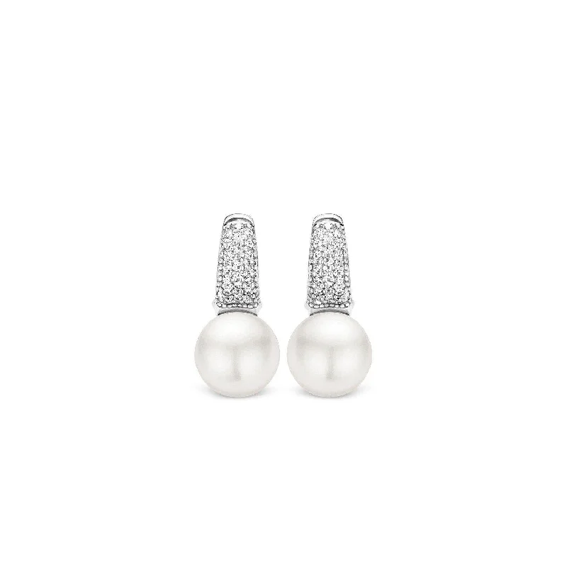 Diamond Heart Earrings-Ti Sento Sterling Silver Pearl and Pavé Cubic Zirconia Hoop Earrings