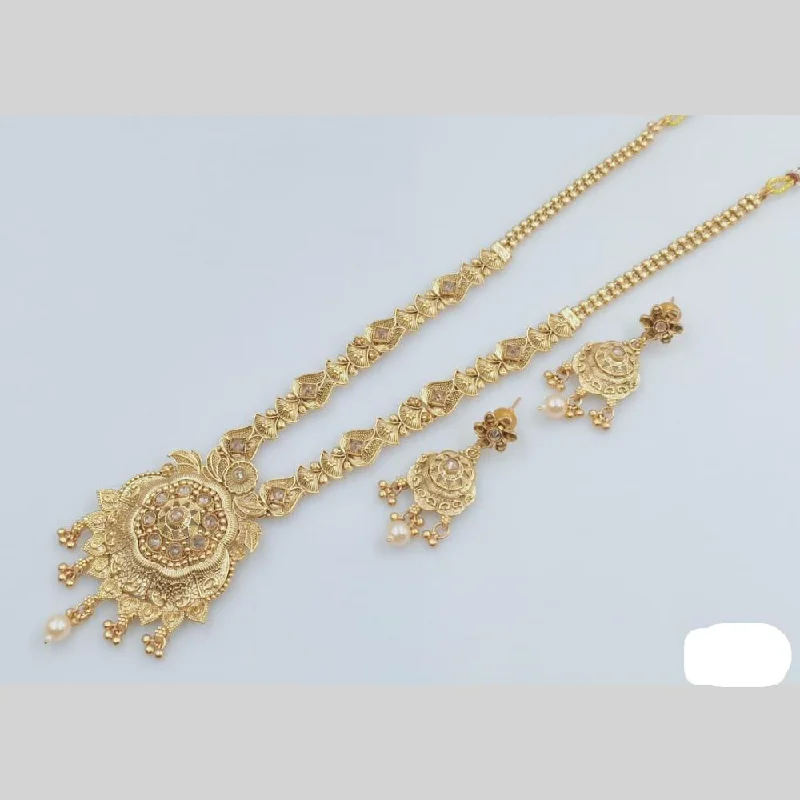 Flower Necklace for Women-Rani Sati Jewels Gold Plated Pota Stone And Pearl Long Necklace Set