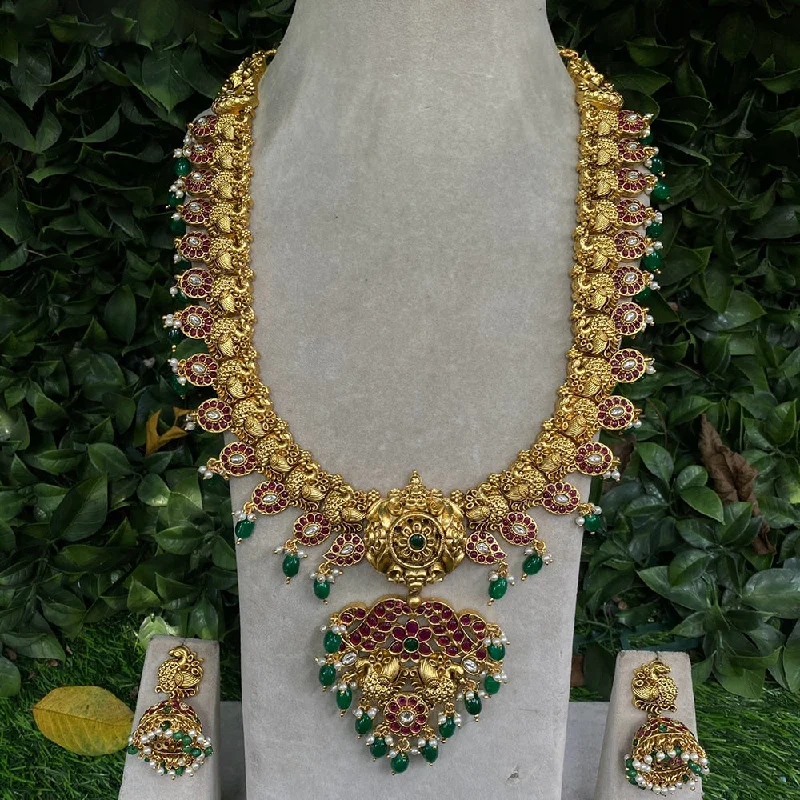 Elegant Gold Leaf Necklace-Amoliya Jewels Gold Plated Peacock Design Long Necklace Set