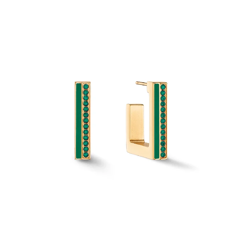 Vintage Gold Earrings-Coeur De Lion Gold and Green Crystal Stripe Square Hoop Earrings