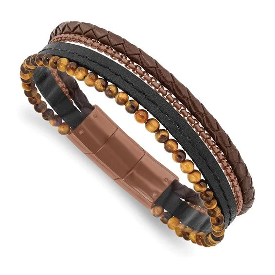 Adjustable Charm Bracelets-Stainless Steel Polished Brown IP Tiger's Eye Leather Bracelet