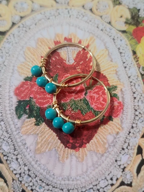 Long Statement Earrings-Turquoise 14kt Gold Fill Hoop Earrings