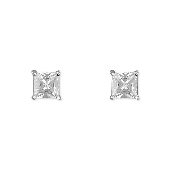 Colorful Pearl Earrings-Sterling Silver Cubic Zirconia 4mm Princess Cut Stud Earrings