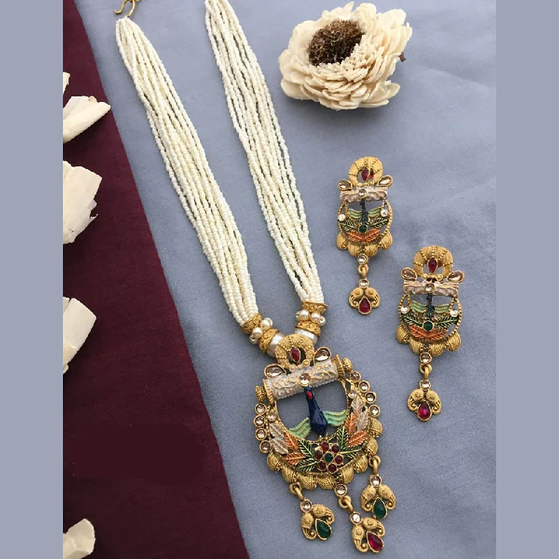 Lightweight Gold Necklace-FS Collection Gold Plated Kundan Stone And Pearls Long Necklace Set