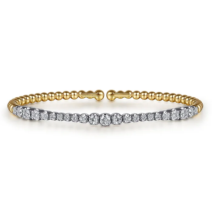 Exclusive Designer Bangles-14K White Yellow Gold Bujukan Beads and Graduating Diamond Split Bangle Bracelet