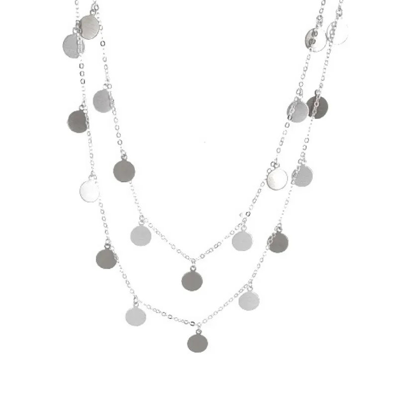 Unique Charm Necklace-Double Chain Silver Disc Layered Necklace