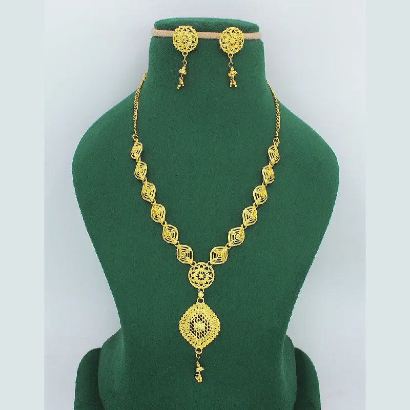 Turquoise Bead Necklace-Mahavir Forming Look Gold Plated Long Necklace Set