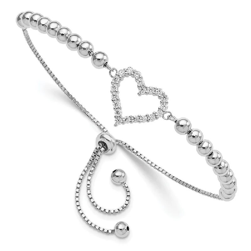 Custom Engraved Silver Bracelets-Sterling Silver Beaded CZ Heart Adjustable Bolo Bracelet