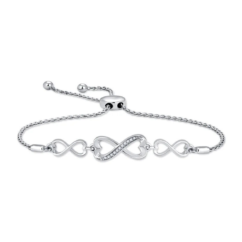 Elegant Crystal Bracelets-Sterling Silver Diamond Heart Infinity Adjustable Bolo Bracelet