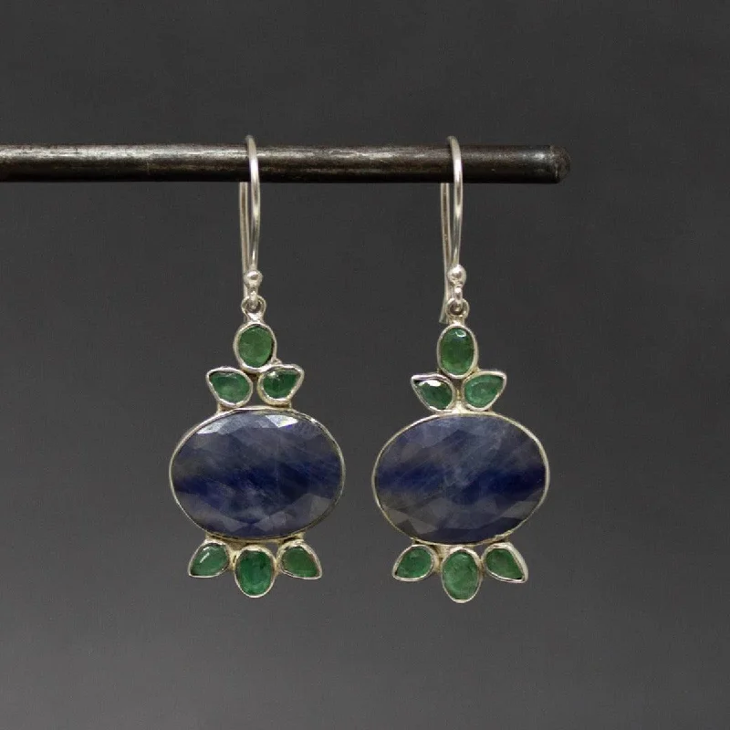 Simple Gold Earrings-Silver Blue Sapphire and Emerald Drop Earrings