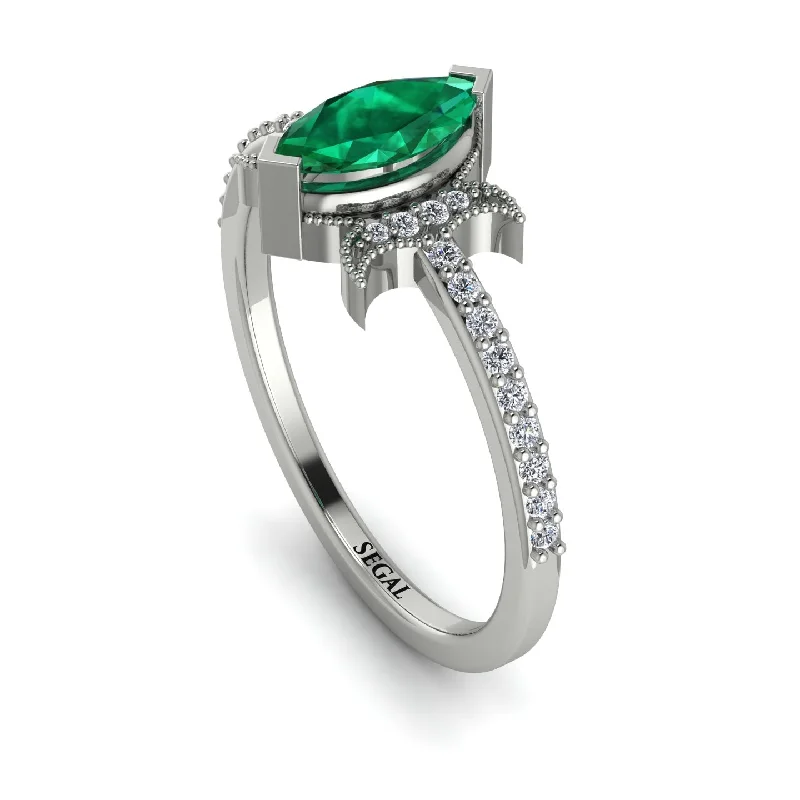 Blue Sapphire Ring-Marquise Cut Emerald Pave Ring - Kathleen No. 6