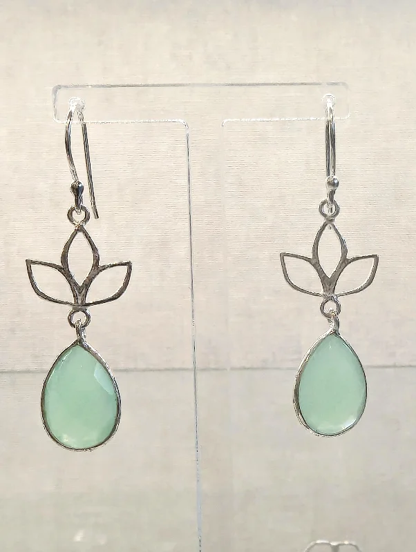 Nature-Inspired Gold Earrings-Lotus Flower Drop Earrings Aqua Chalcedony