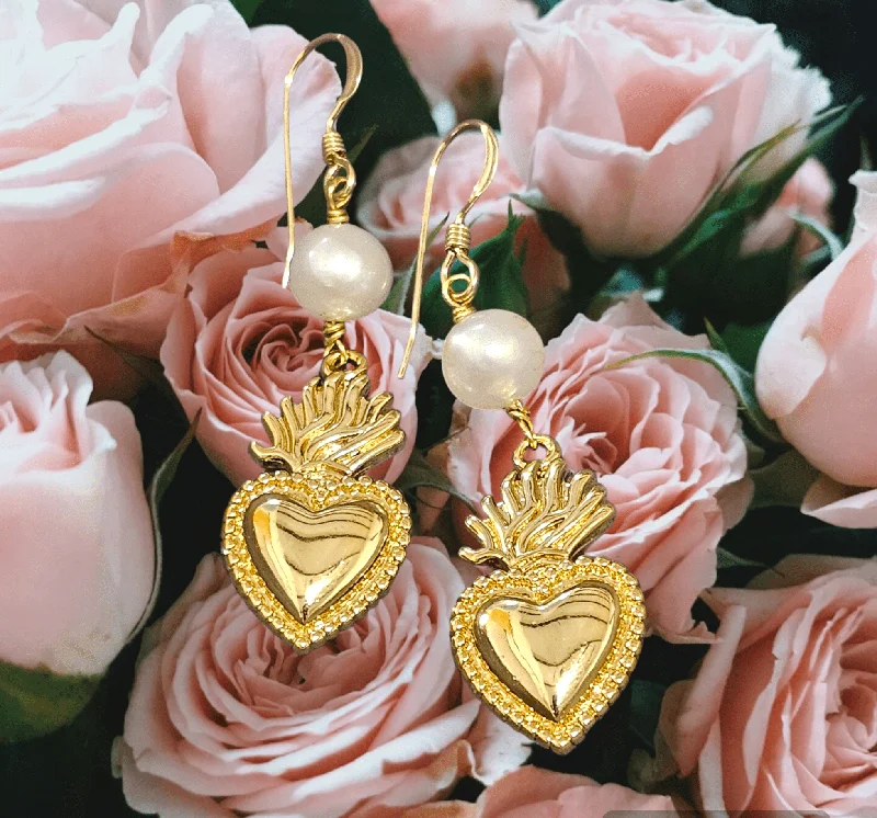 Textured Gold Earrings-Sacred Heart Gold Pearl Earrings