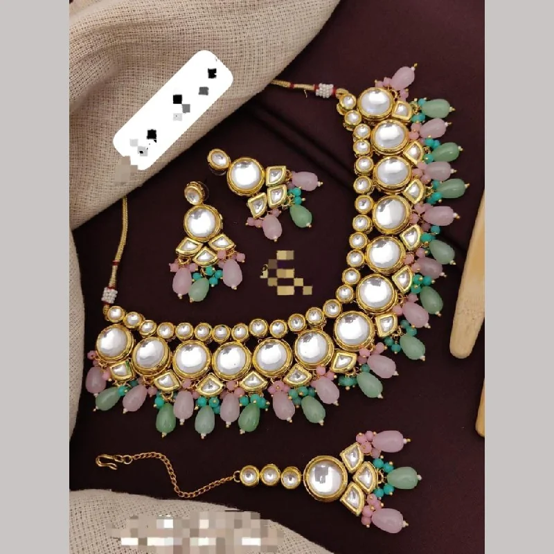 Custom Gold Pendant Necklace-FS Collections Gold Plated Kundan Stone And Beads Necklace Set