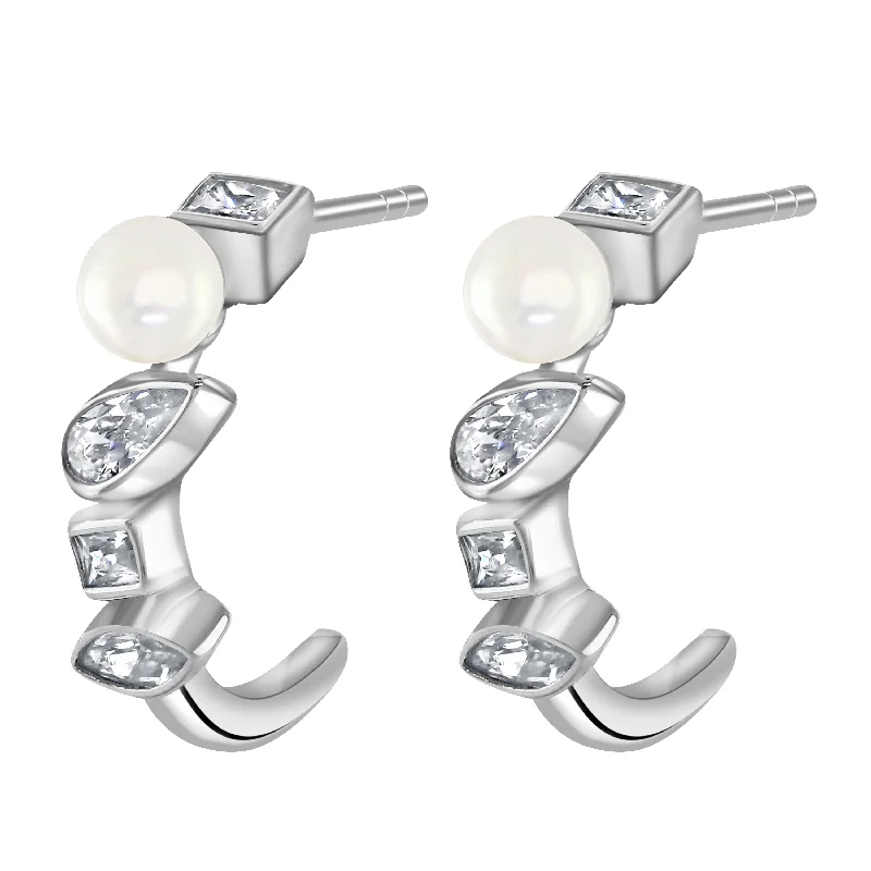 Bohemian Drop Earrings-Silver Pearl Cubic Zirconia Drop Stud Earrings