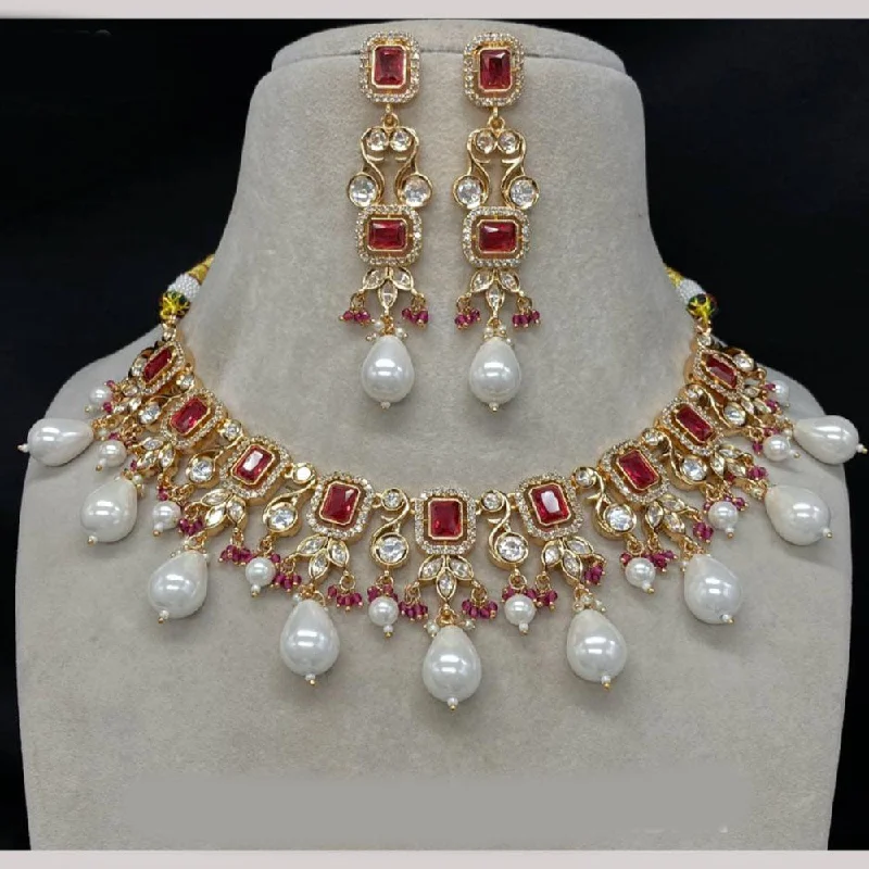 Silver Chain Necklace-Amoliya Jewels Gold Plated Polki Kundan Stone And Pearls Necklace Set