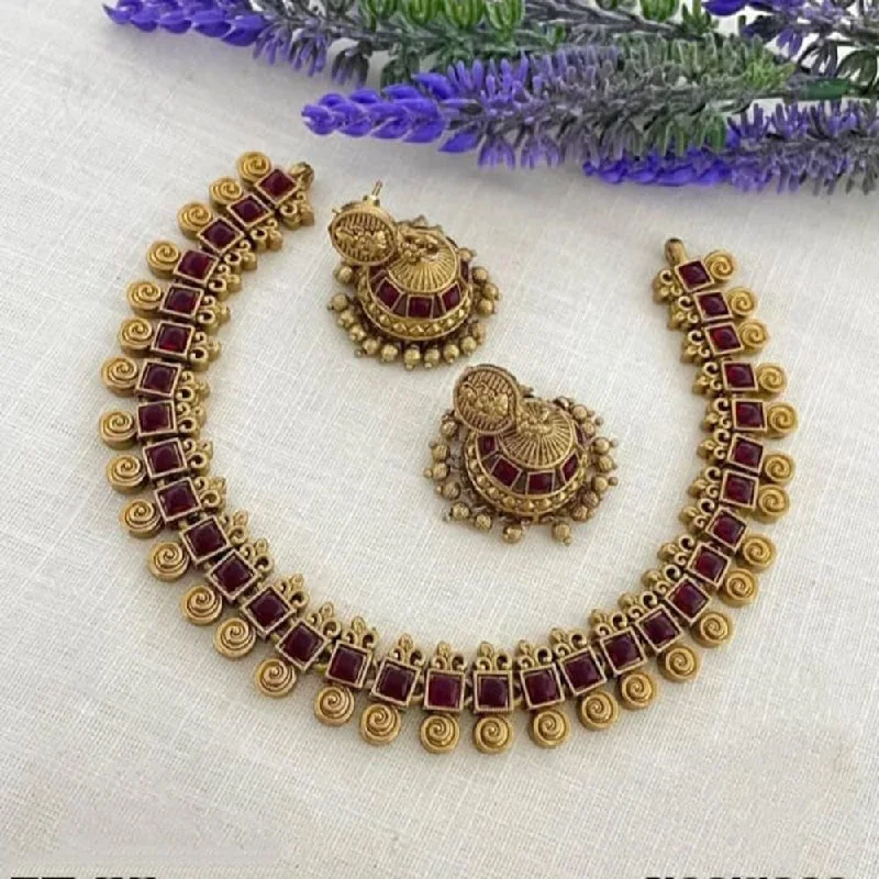 Vintage Crystal Necklace-Joyful Jewel Art Matte Gold Plated Pota Stone Necklace Set