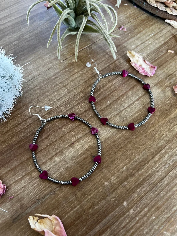 Long Gold Earrings-Pink/purple Verasite heart hoop