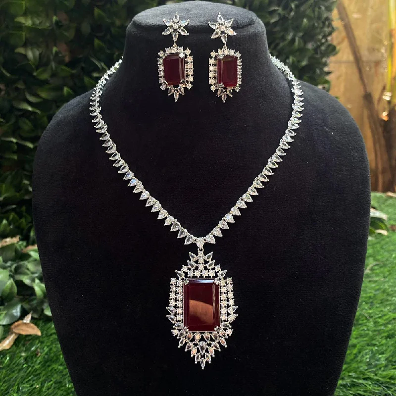 Artistic Crystal Necklace-Royal Kundan Jewellery Silver Plated American Diamonds Necklace Set