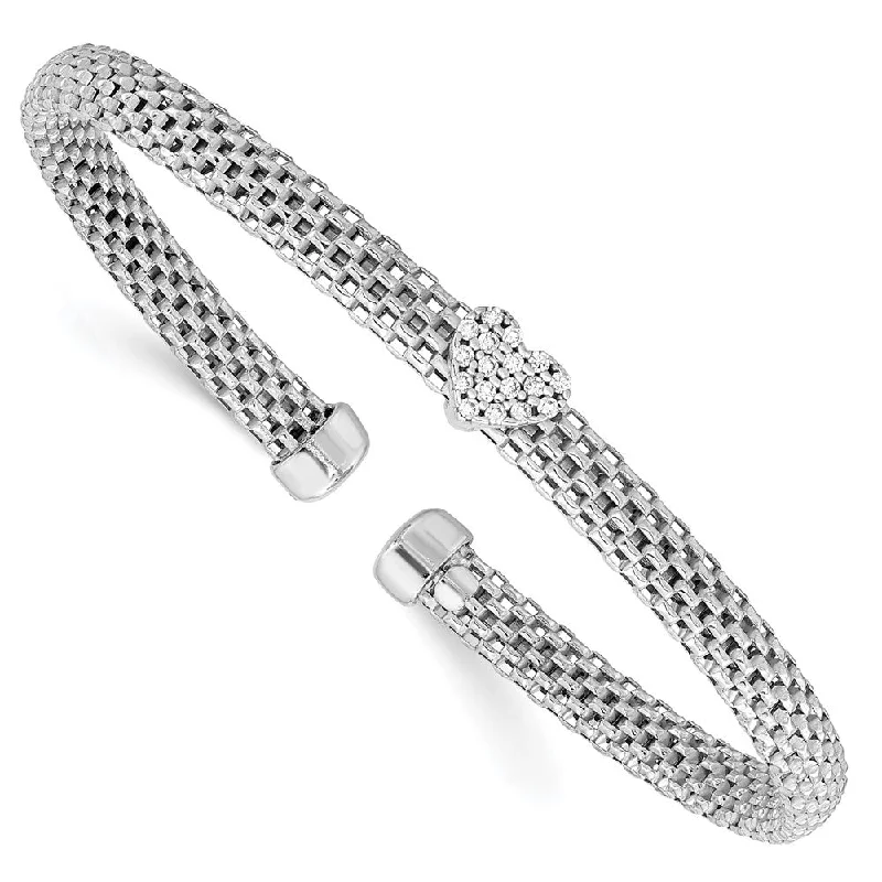 Personalized Diamond Bracelets-Sterling Silver Rhodium-plated Polished CZ Heart Mesh Cuff Bangle