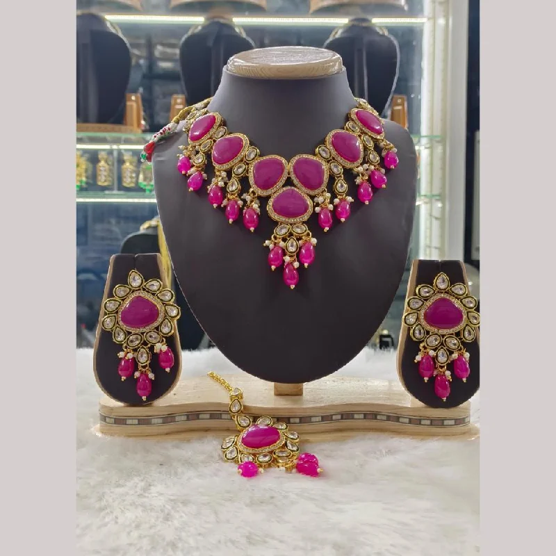 Luxury Custom Necklace-Palak Art Gold Plated Crystal Stone and Beads Necklace Set