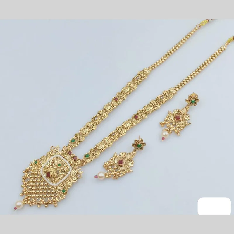 Layered Gemstone Necklace-Rani Sati Jewels Gold Plated Pota Stone And Pearl Long Necklace Set