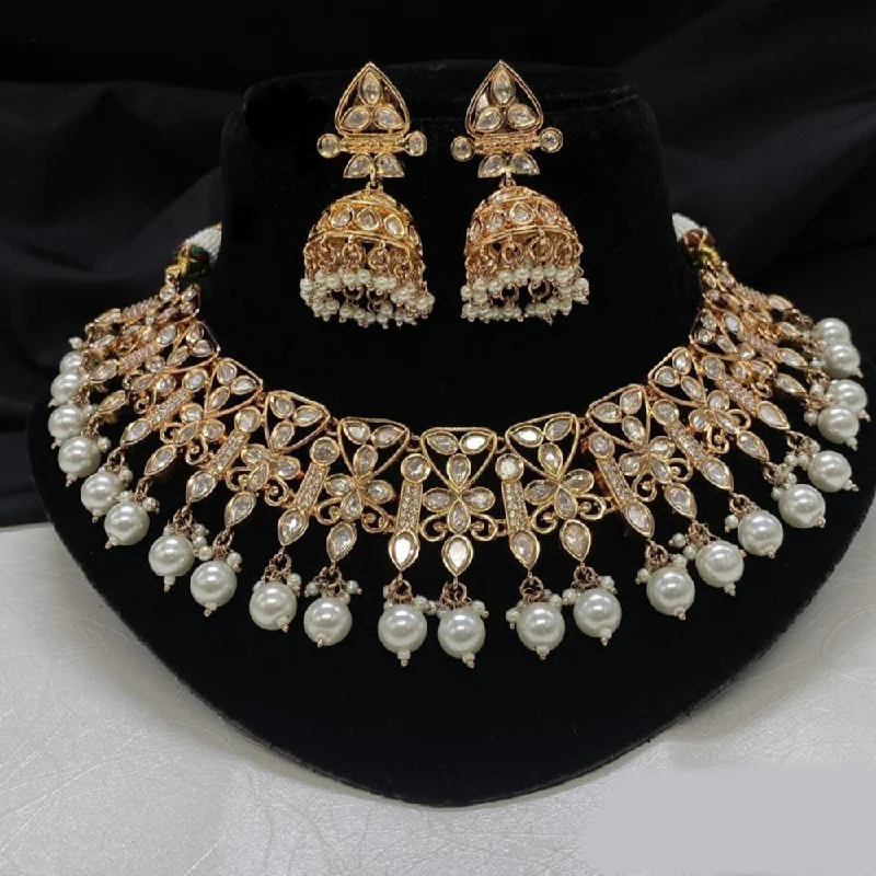 Sterling Silver Heart Necklace-Amoliya Jewels Gold Plated Polki Kundan Stone And Pearls Necklace Set