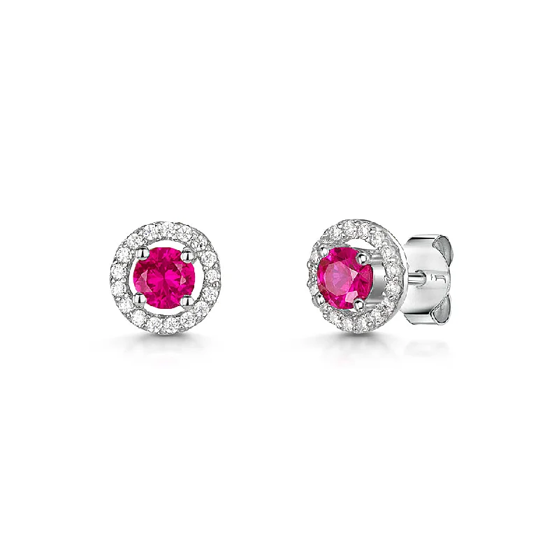 Heart Shaped Earrings-Jools Silver Ruby Red Zirconia Halo Stud Earrings